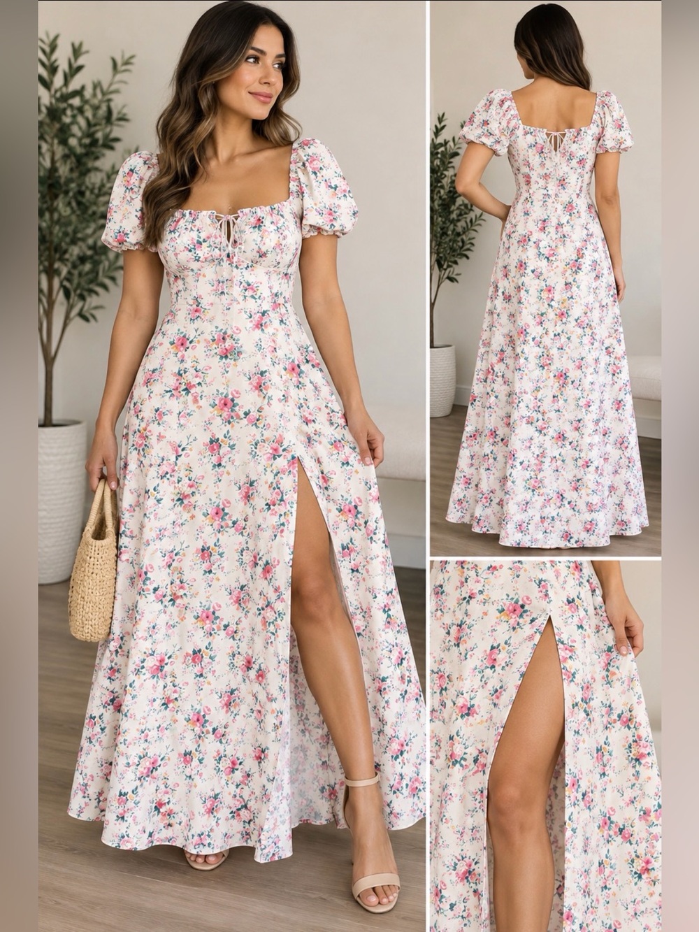 Floral Square-Neck Maxi Dress in White with Pink Roses